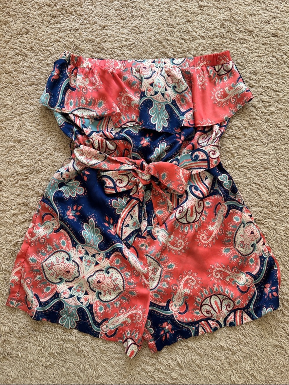 Pink and Navy Paisley Romper with Tie Waist